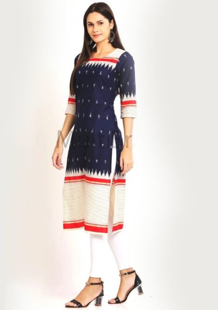 Aaivi Women Red and Blue strip line printed Kurta