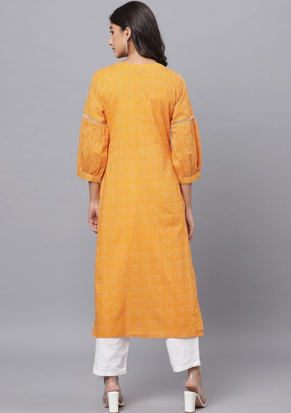 Aaivi Women Orange striped Kurta with lace design