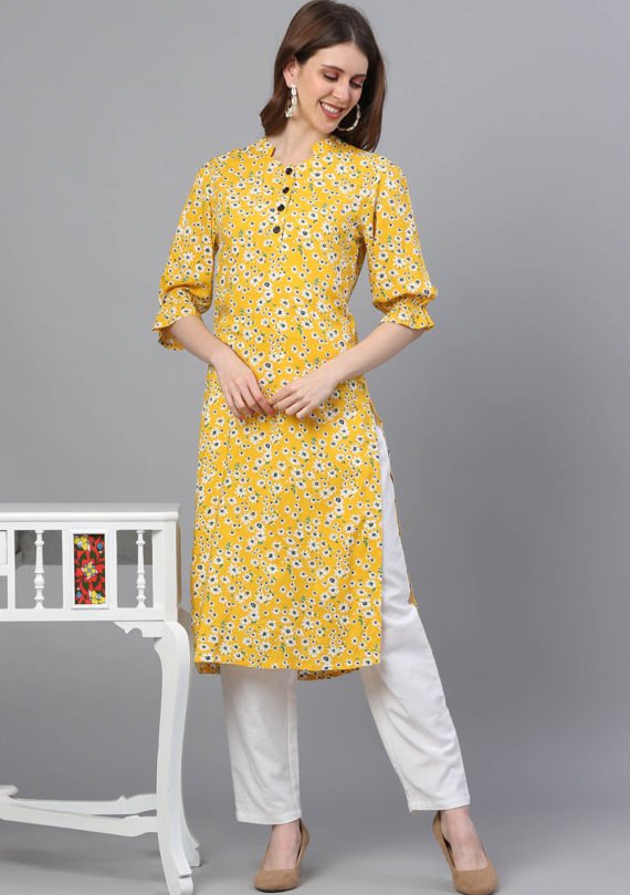 Aaivi Women Yellow Elegant Rayon Printed kurta