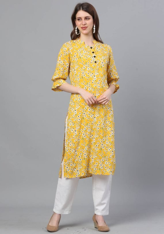 Aaivi Women Yellow Elegant Rayon Printed kurta