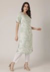 Aaivi Women Elegant Mint Kurta with Floral Print and Short Frill Sleeves