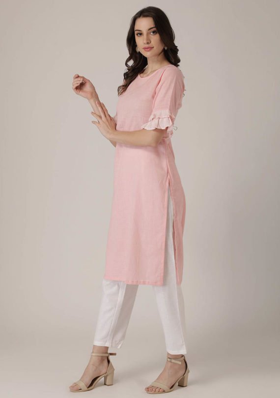Aaivi Women Linen Pink Kurta and Double Frill Cotton Lurex Sleeves