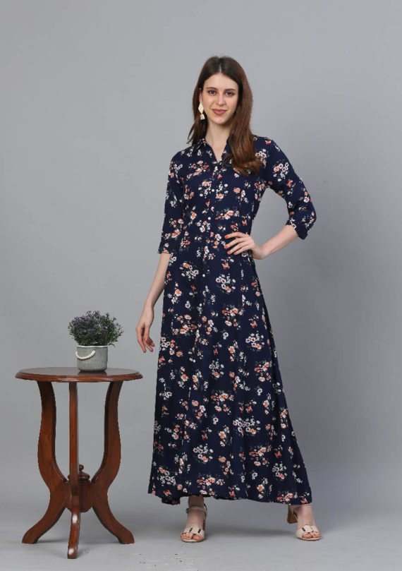 Aaivi Women Navy Blue Dress, Rayon Contemporary Floral Printed Flared Dress