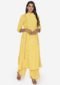 Aaivi Women Yellow Classic Rayon Floral Printed Kurta with Flare and piping having band neck