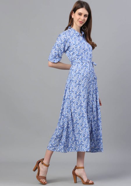 Aaivi Women Sky Blue Dress, Rayon Floral Urban Printed woven wrap dress