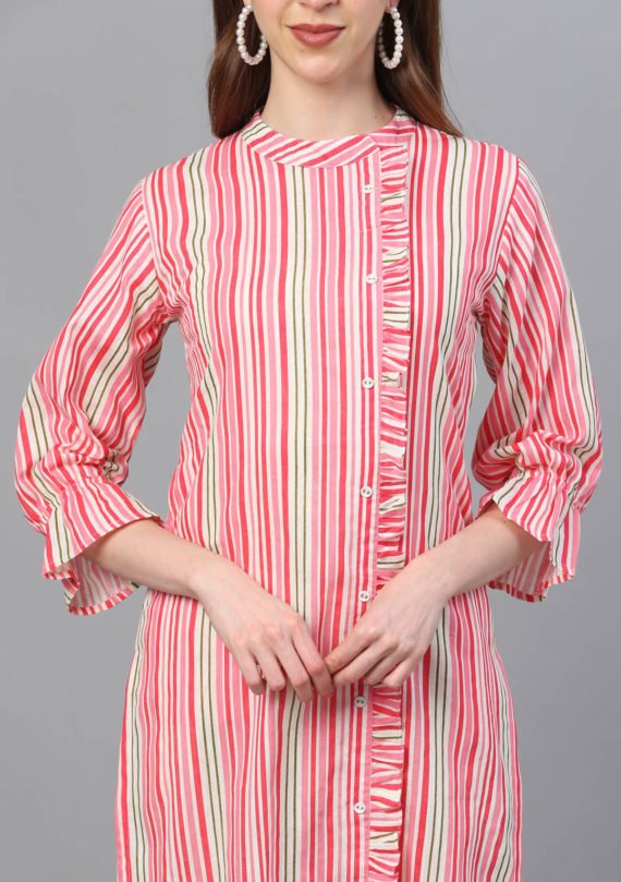 Aaivi Women Pink Cotton Striped Printed kurta with frill and Button