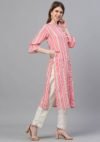 Aaivi Women Pink Cotton Striped Printed kurta with frill and Button