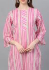 Aaivi Women Cotton Pink and White  Stripe Printed kurta, Three -quarter Puff sleeves