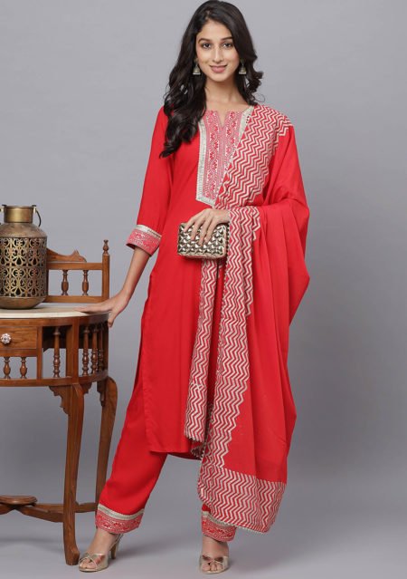 Aaivi Women Red Rayon Kurta with Fancy Laces and Rich Zari Border on Yoke