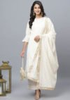 Aaivi Women White Cotton Kurta with Golden Lurex and three-quarter Umbrella Sleeves