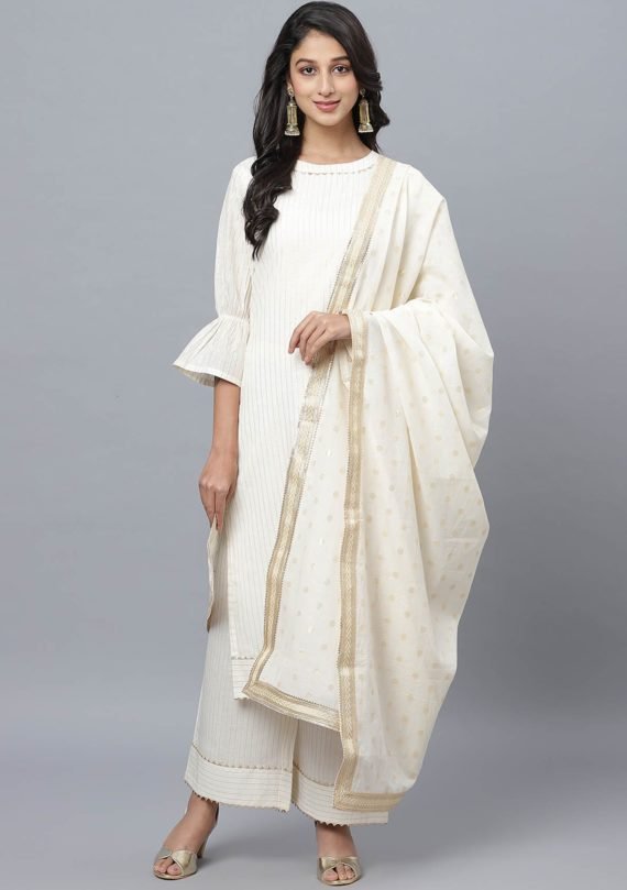 Aaivi Women White Cotton Kurta with Golden Lurex and three-quarter Umbrella Sleeves