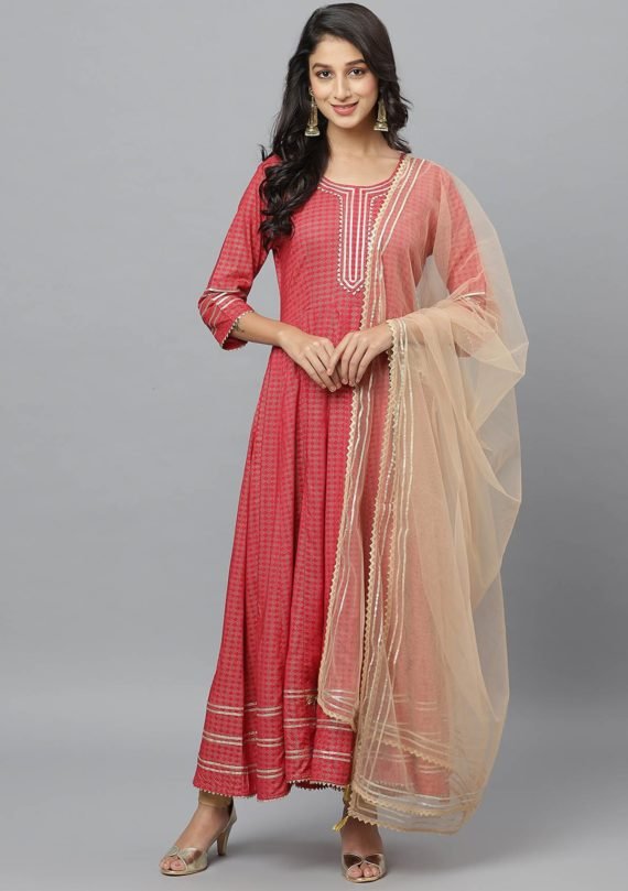 Aaivi Women pink Rayon Printed Anarkali Dress Set with Golden Gota and Lacework