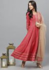 Aaivi Women pink Rayon Printed Anarkali Dress Set with Golden Gota and Lacework