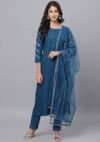 Aaivi Women Blue Rayon Kurta with Reflective Embroidered and Squares Sequence work