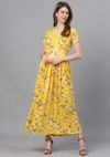 Aaivi Women Yellow Printed Dress, Rayon floral printed flared dress