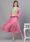 Aaivi Women Pink Rayon Midi dress, Rayon Flared Dress with gathered sidebands