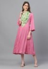 Aaivi Women Pink Rayon Midi dress, Rayon Flared Dress with gathered sidebands