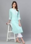 Aaivi Women Green Cotton Kurta with Lace Work and Potli Buttons