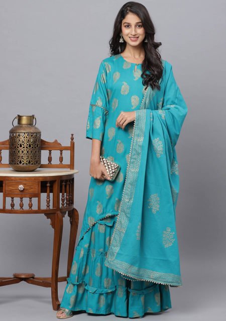 Aaivi Women Blue Elegant Rayon Golden Print Kurta Sets
