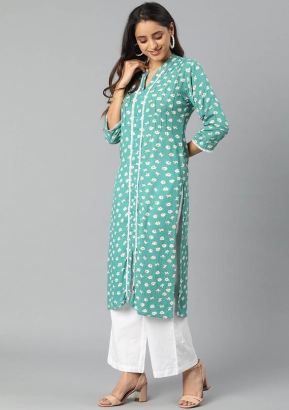 Aaivi Women Turquise Elegant Printed Viscose Kurta Sets