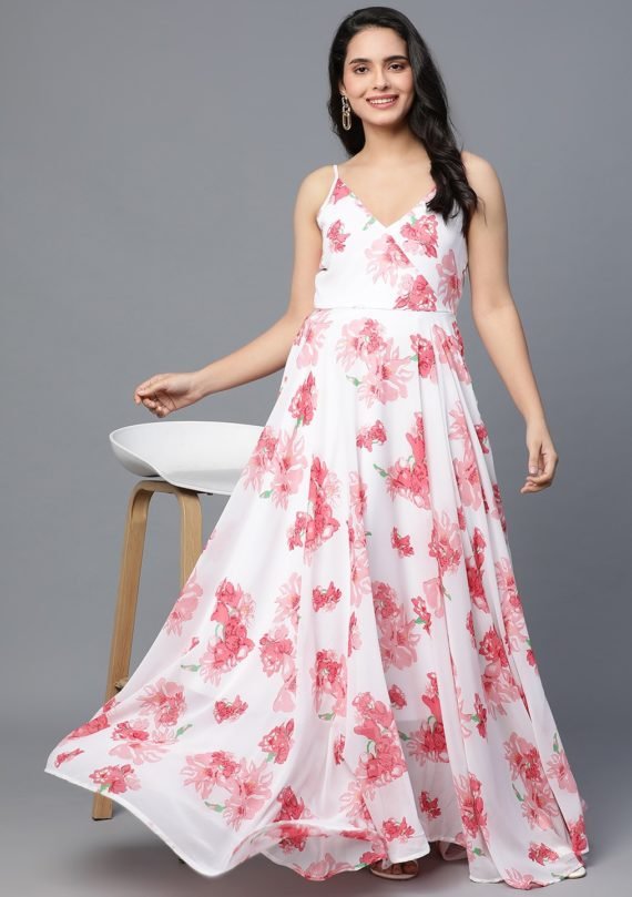 Aaivi Beautiful Georgette white Printed Solid woven tiered Flared Maxi Dress