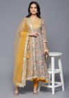 Aaivi Beautiful Rich Rayon Twill Printed Anarkali Dress with Silver Trims design on Yoke